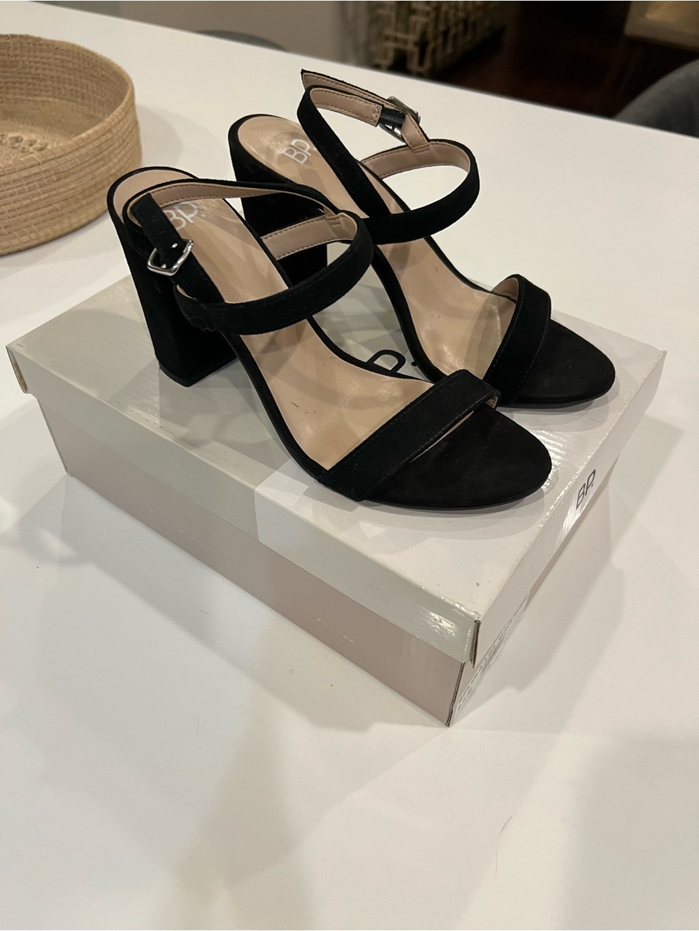 bp Black Suede Strappy Block Heel Sandals